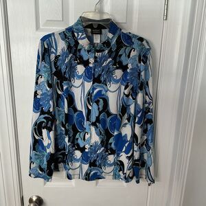 MSK Women 1X Blue Black Abstract Floral Long Sleeve Top Sequins Stretch Button F